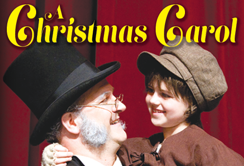 An image of the characters Ebeneezer Scrooge and Tiny Tim with writing "A Christmas Carol" across the top of the image.
